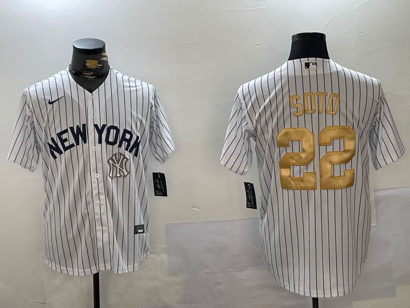 Men New York Yankees 22 Soto White Stripe Fashion Nike 2024 MLB Jersey style 4